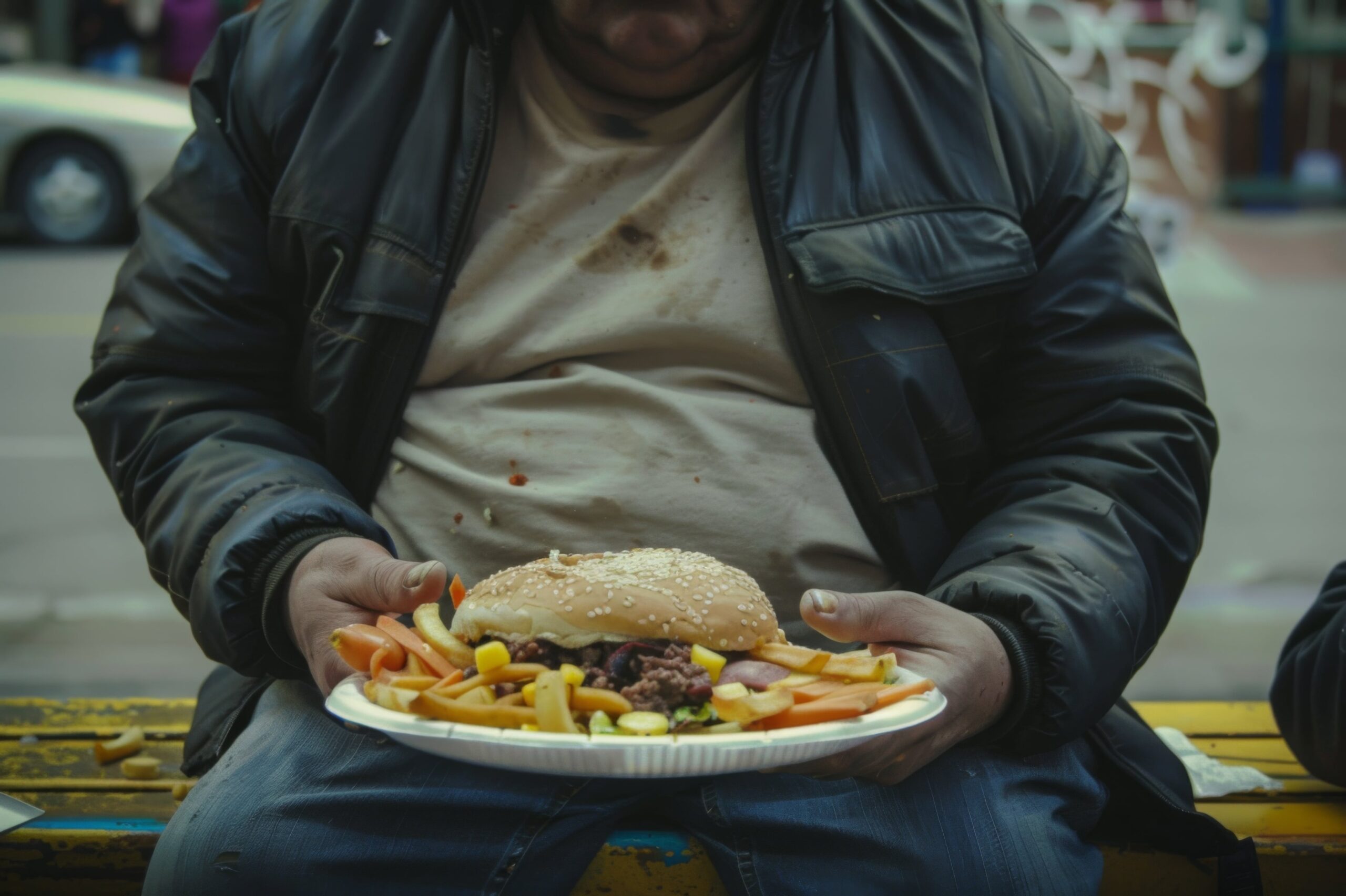 poor obese man eating unhealthy food